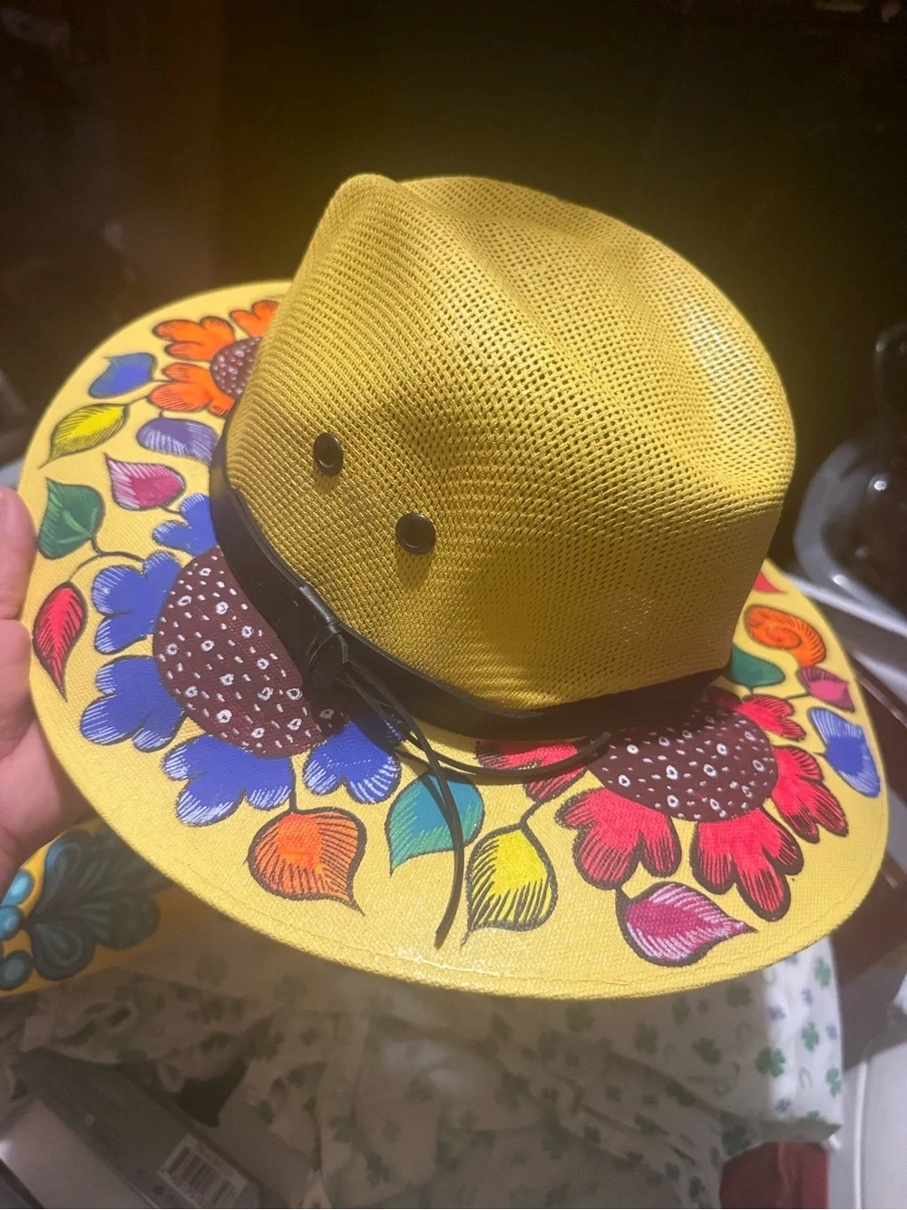 Kids Yellow Sunflower Print Straw Hat with Black Band